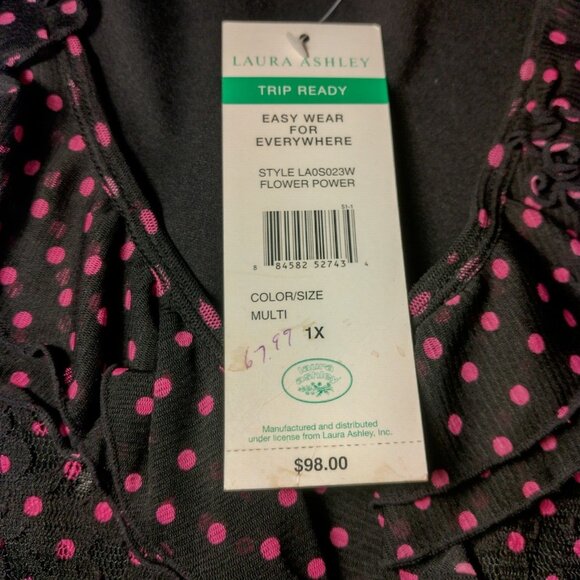 Laura Ashley Trip Ready Shirt Plus Size 1X Black Lace Pink Polka Dot Stretch New - Picture 12 of 16